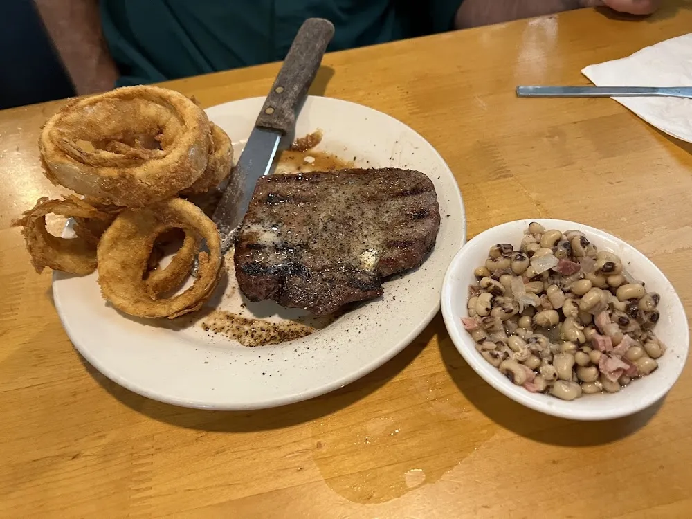 Sirloin Steak with Onion Rings and Black Eye Peas